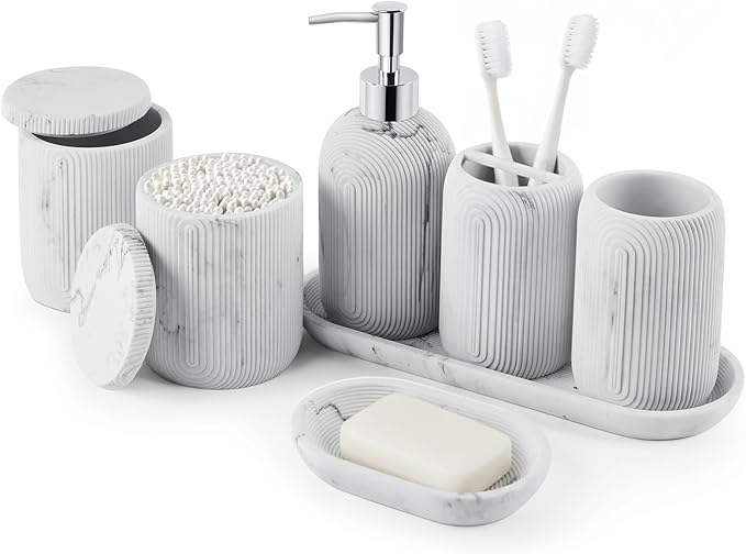 Bathroom Accessories Set - 7-Piece Resin Bathroom Set, Toothbrush Holders Set, Soap Dispenser, Qtip Holder Dispenser, Tumbler, Soap Dish & Tray, Modern Bath Decor for Home Dorm Hotel (Marble White)