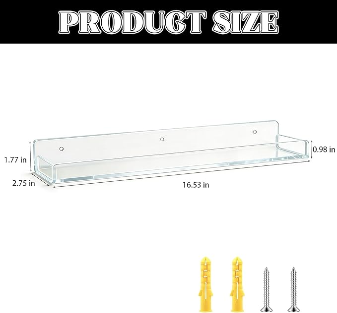 DEDC 3 Pack Shot Glass Display Case for Wall Clear Acrylic Floating Shelves (16.5") for Skincare and Miniatures Secure Kitchen Spice Rack with Side Guard Rails Sleek Wall Holder for Small Bottles