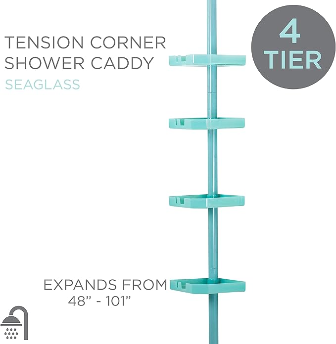 Bath Bliss 4 Tier Tensions Corner Shower Caddy | Shelves | Adjustable 48“-101” | Bathroom Organizer | Bathtub and Shower Stall | Holds Large Bottles | Soap | Shampoo | Washcloths | Seaglass