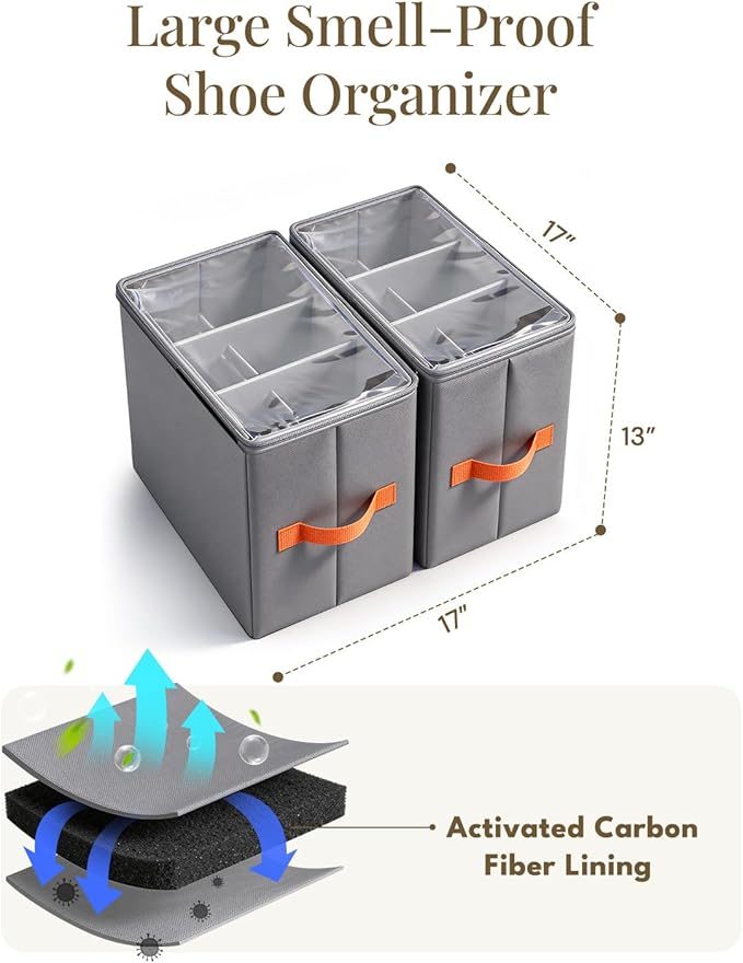 Smell Proof Shoe Organizer for Closet - Adjustable Dividers & Clear Lid. Foldable Shoe Storage Box with Activated Carbon Lining for Gym Sneakers, Running Shoes & Boots