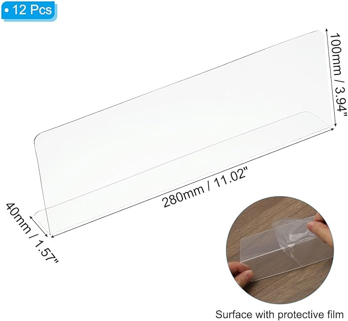 PATIKIL 12 Pack Shelf Dividers for Closet Organization, 11x1.57x3.9 Acrylic Closets Separator Kitchen Cabinet Shelves Under Bed Blocker for Bedroom Kitchen Office, Clear