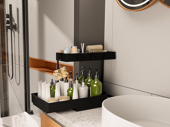 NATURE'S SOURCE 2 Pack Under Sink Organizer 2 Tier Sliding Cabinet Organizers Multi-Purpose Sink Storage Basket L-Shape Narrow Space Storage Shelves with 4 Hook for Kitchen Bathroom Drawer, Black