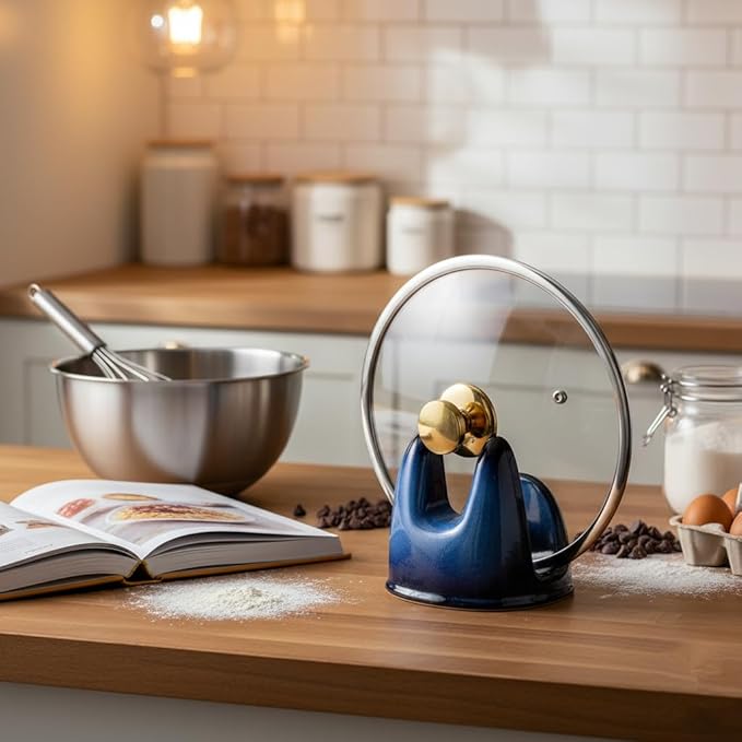 Nihow Pot Lid Holder: Stable Ceramic Pan Lid Holder for Kitchen Counter Decor/Countertop/Stove Top- Heat Resistant & Dishwasher Safe - Elegant Black & Blue (1PC)