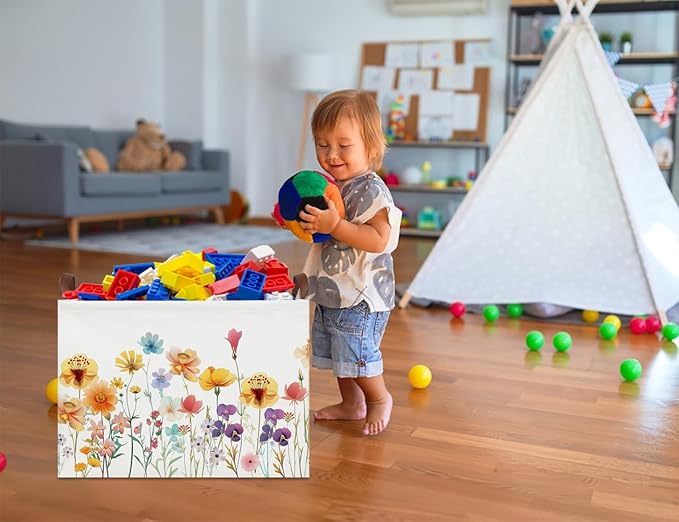 Rectangular Storage Basket Empty,Toys Storage Bin with Handles,Baby Room Decor,Gift Basket,Book Box(Flower)