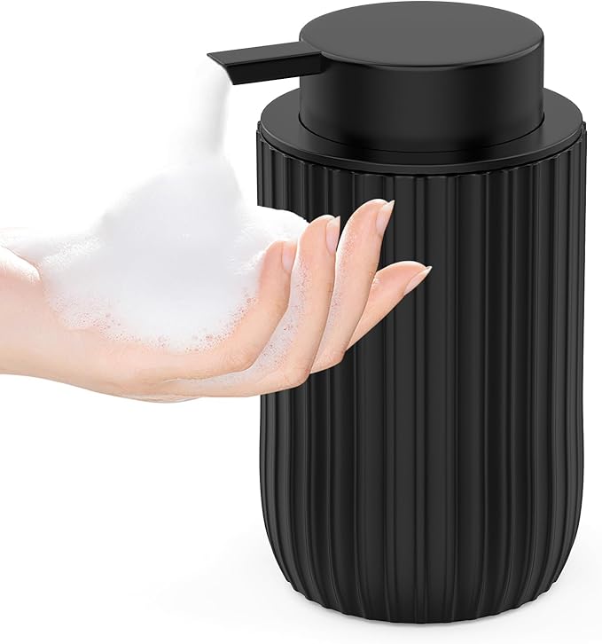 Ceramic Foaming Hand Soap Dispenser，12 oz Bathroom Soap Dispensers， Lotion Dispenser for Kitchen, Refillable Matte Streaks Soap Dispenser with Large Pump (Black)
