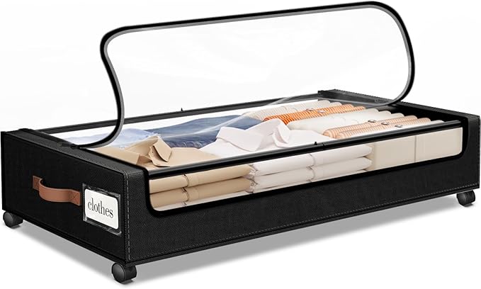 Under Bed Storage with Wheels 1Pack Storage Containers with Clear Window&Label Under Bed Drawers Rolling Under Bed Storage for Clothes,Shoes, Blankets (30.71 x 16.93 x 6.69 in, Black)