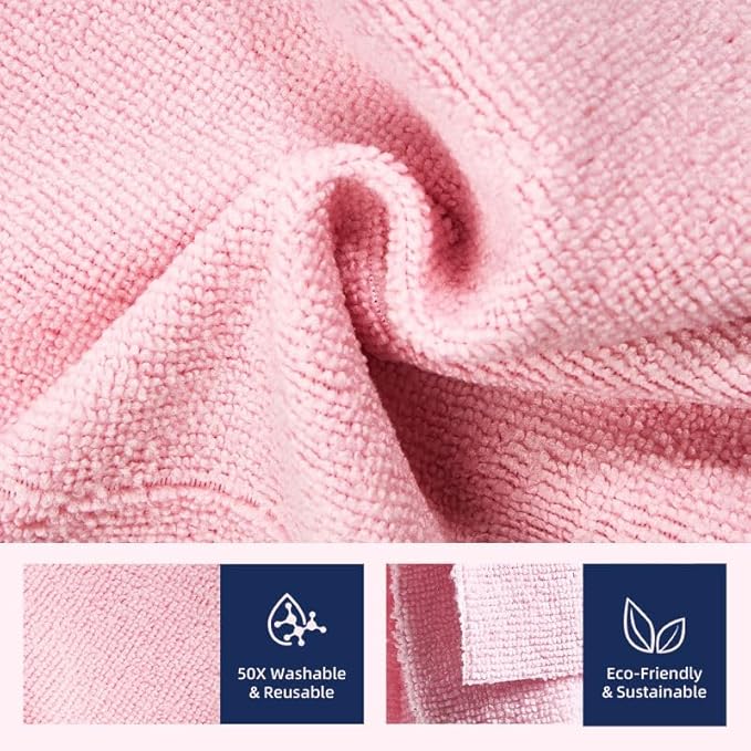& PLUSH Microfiber Cleaning Cloth Roll - 70 Pack, Tear Away Microfiber Towels, 12" x 12", Reusable, Washable, Streak Free, Ultra Absorbent Dish Rags for Car, Home, Garage or Shop (Grey and Pink)