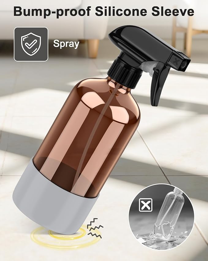 Amber Glass Spray Bottle with Silicone Sleeve Protection, 16 oz Refillable Spray Bottle for Cleaning Solutions, Plants, Aromatherapy, Facial Hydration (Grey Sleeve(Amber Bottle)