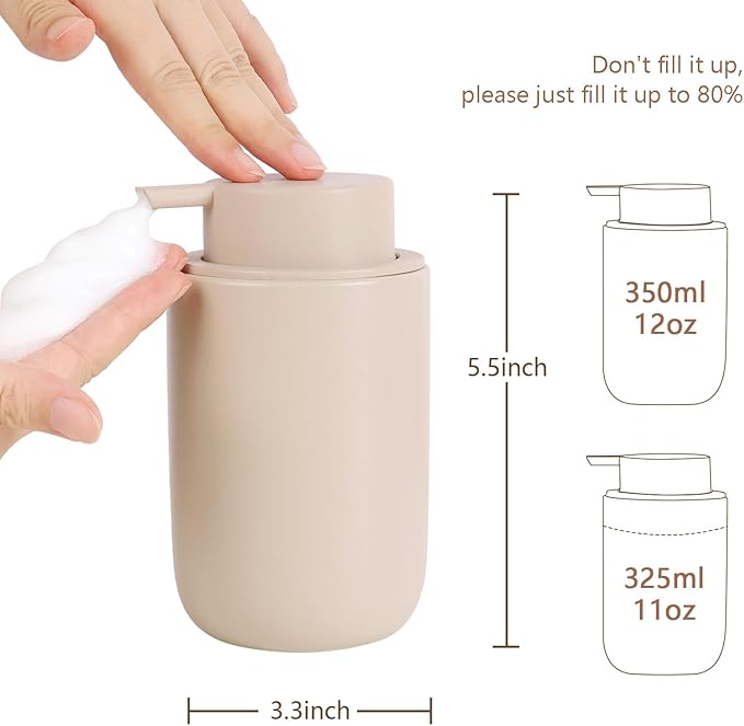 BosilunLife Foaming Soap Dispenser Set - Khaki Ceramic Foam Hand Dispenser 12oz Soap Dispenser Set with Rust Proof Pump, 4Pcs Clear Stickers for Kitchen, Bathroom - 2 Pack