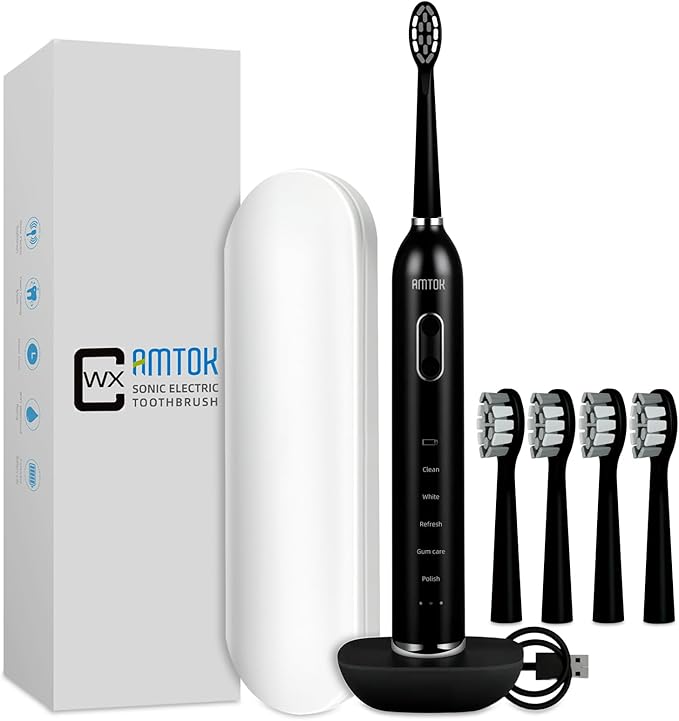 CWX Sonic Electric Toothbrush Wireless Fast Charging, 5 Cleaning Modes, 3 Intensity Settings, 60 Days Battery Life, 2 Min Smart Timer, 4 Brush Heads & Travel Case IPX7 Waterproof