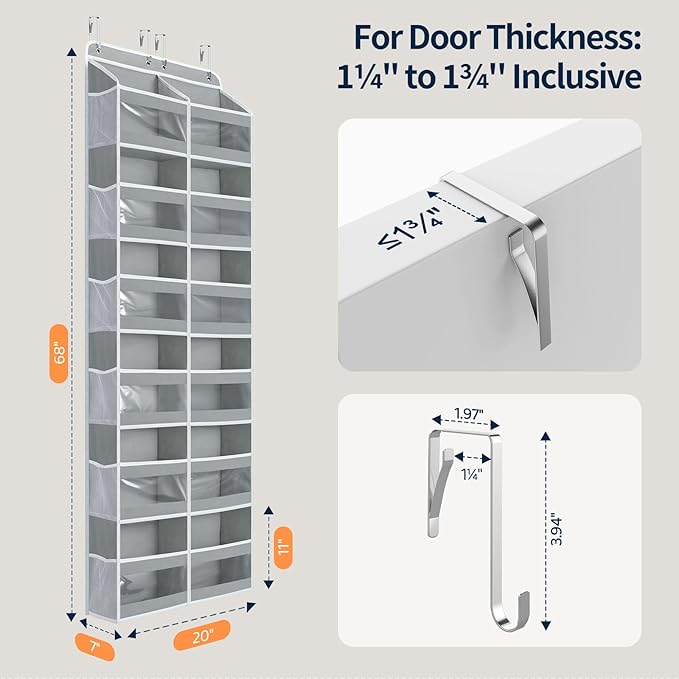 Yecaye 6-Tier Over The Door Organizer Dual-Column of 12 Compartments, College Dorm Essentials with Clear PVC Windows, Heavy Duty Door Organizer Hanging for Bedroom Closet Bathroom Pantry Nursery, Gray