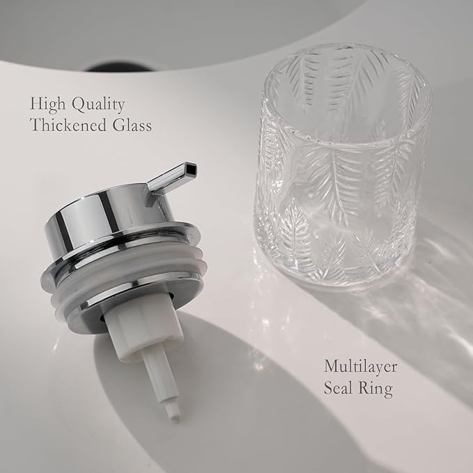 Foaming Hand Soap Dispenser - Glass Foam or Lotion Dispenser for Kitchen & Bathroom, Refillable with Large Silver Pump (Leaf Pattern-Clear)