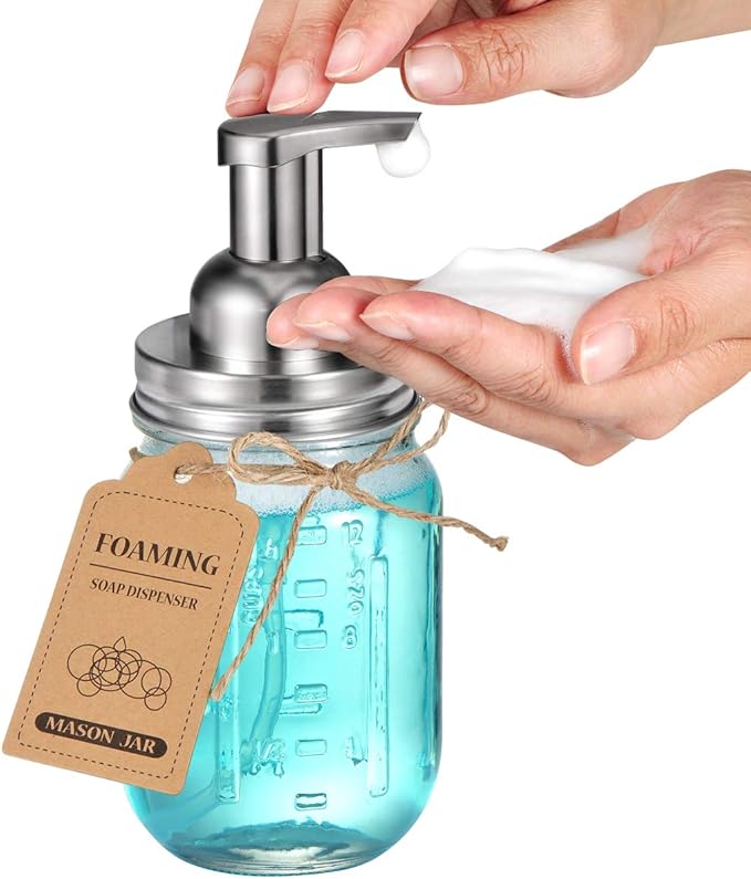 Amolliar Mason Jar Foaming Soap Dispenser, Plastic Soap Pump, Refillable Hand Soap Dispenser for Kitchen, Cute Farmhouse Decor, Dish Soap, Shampoo, Bathroom Soap Accessories, Brushed Nickel 2 Pack