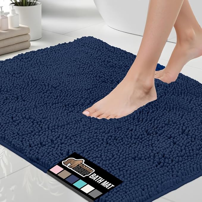 GORILLA GRIP Bath Rug Mat 48x17, Thick Soft Absorbent Chenille, Quick Dry Microfiber Mats, Rubber Backing Washable Shower Floor Rugs, Bathmat Runner, US Designed Bathroom Home Decor Accessories Navy