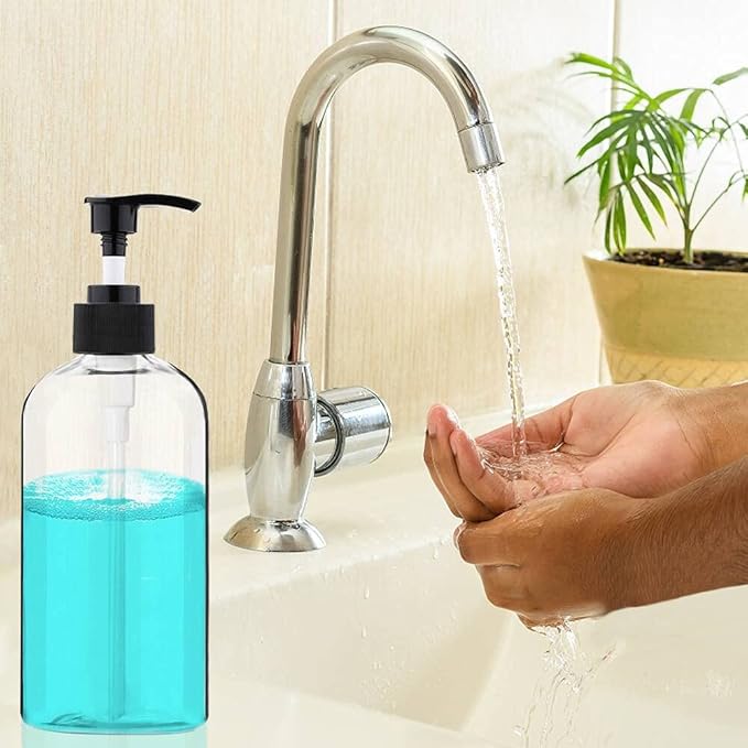 Empty Plastic Pump Bottles Dispenser 4 Pack 16oz/500ml Portable Clear BPA-Free Cylinder Shampoo Lotion Hand Pump Bottle Durable Refillable Containers