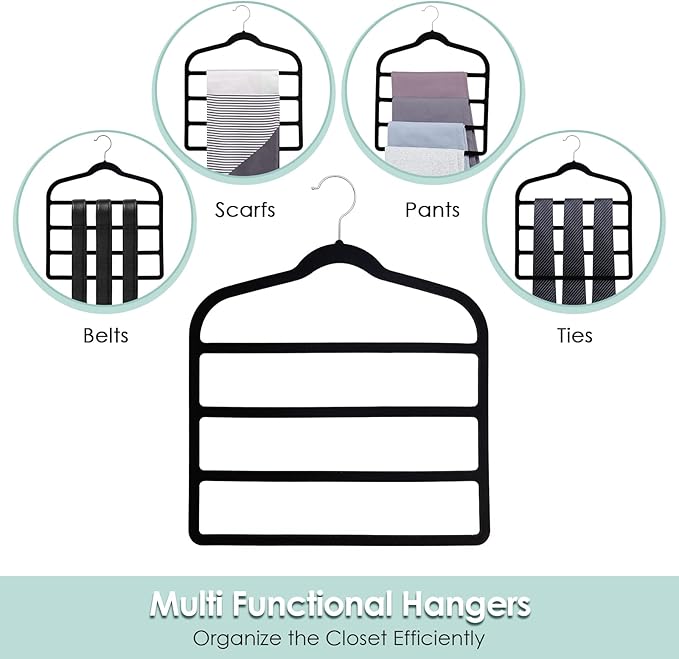 Velvet Hangers Space Saving Non Slip Pant Velvet Hangers, DUDUCOFU 6 Pack Black Multi Layer Clothes Hangers Closet Organizer for Pants Trousers Scarf