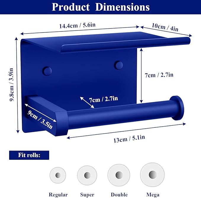 Tindbea Toilet Paper Holder with Shelf Adhesive or Screw Wall Mounted Toilet Paper Roll Dispenser Storage, Stainless Steel Bathroom Shelf Holder Accessories (Klein Blue)