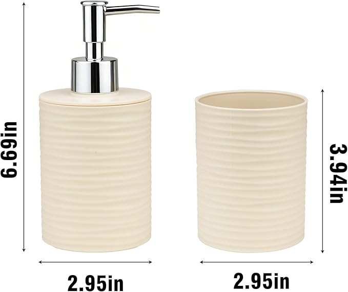 Bathroom Accessories Set, 2-Piece Beige Soap Dispenser & Toothbrush Holder with Ripple Texture & Rust-Proof Pump, Modern Matte Organization
