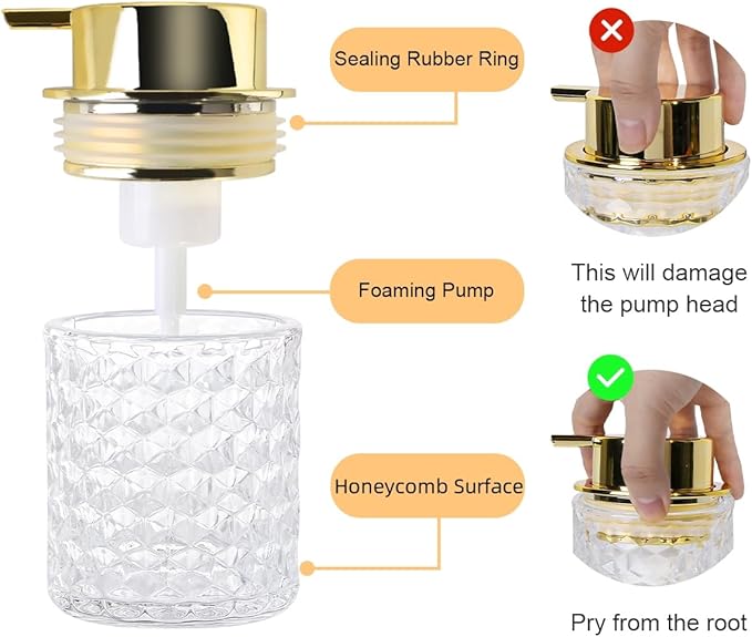 Clear Bathroom Accessories Set, 2pcs Glass Bathroom Accessory Set with Foam Soap Dispenser and Toothbrush Holder, Gold Foaming Soap Dispenser and Tooth Brush Holder for Brushes, Toothpaste