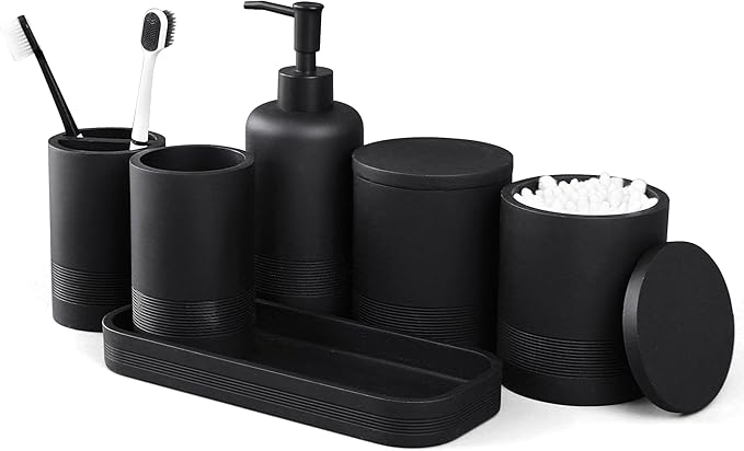 6-Piece Bathroom Accessories Set, Organizer Set with Soap Dispenser, Toothbrush Holder Set, Vanity Tray, Tumbler & 2 Cotton Swab Jars – Modern Stylish Bathroom Storage(Matte Black)
