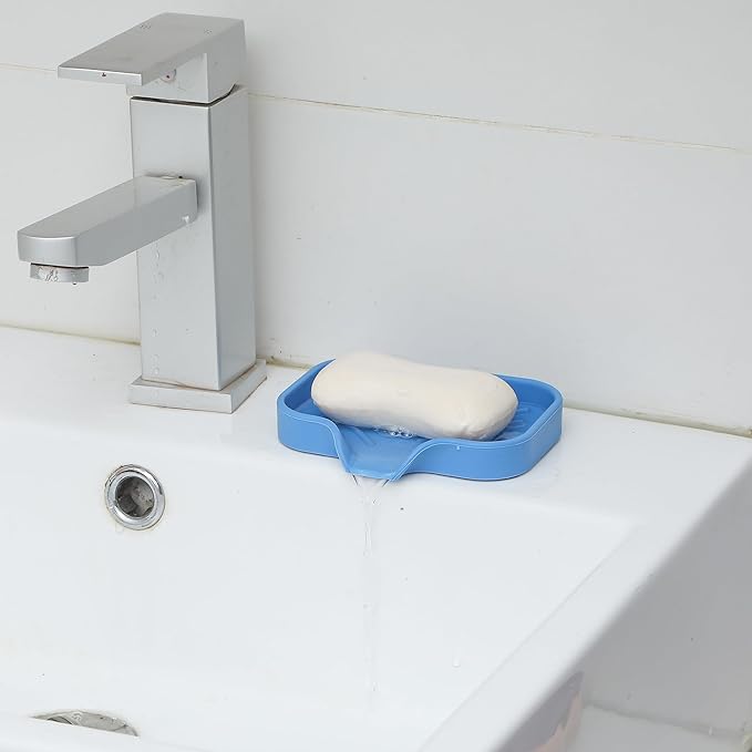 MicoYang Silicone Bathroom Soap Dishes with Drain Spout-Bathroom and Kitchen Sink Organizer,Sponge Holder,Dish Soap Tray,Perfect for Dispenser,Scrubber,Bottle,Cup on Counter Lichen Blue 4.9"×3.2"