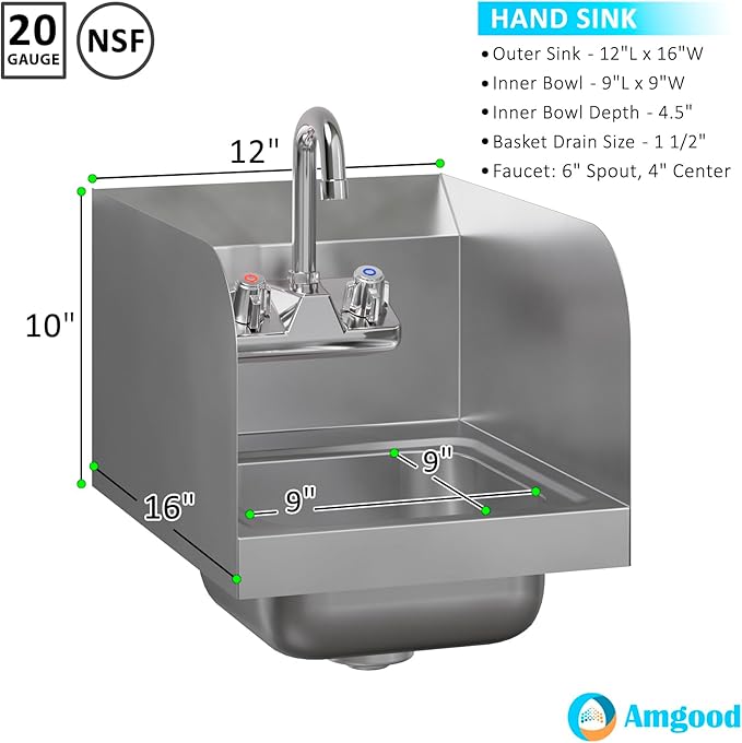AmGood Stainless Steel Wall Mount Hand Sink with Faucet and Sidesplash 12" x 16" | NSF Commercial Hand Washing Basin For Restaurant, Kitchen and Home | Bowl Size: 9" x 9"