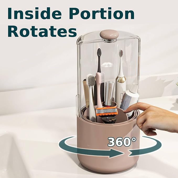 YOOLENS Toothbrush Holder with Cover 360 Rotating 4 Compartments Bathroom Toothpaste Electric Toothbrush Organizer, Pink
