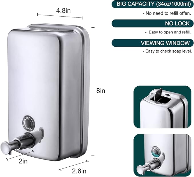 Commercial Soap Dispenser Wall Mount Stainless Steel Manual Liquid Pump Rust-Proof Leak Free for Bathroom (34 fl.oz./1000ml)