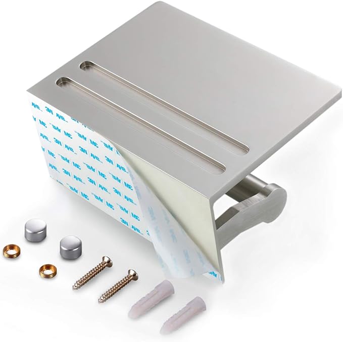 Toilet Paper Holder with Shelf and 2 Towel Hooks - Self Adhesive Toilet Paper Storage - Tissue Roll Holder with Phone Shelf - Wall Mount Toilet Roll Bathroom Organizer - Brushed Nickel