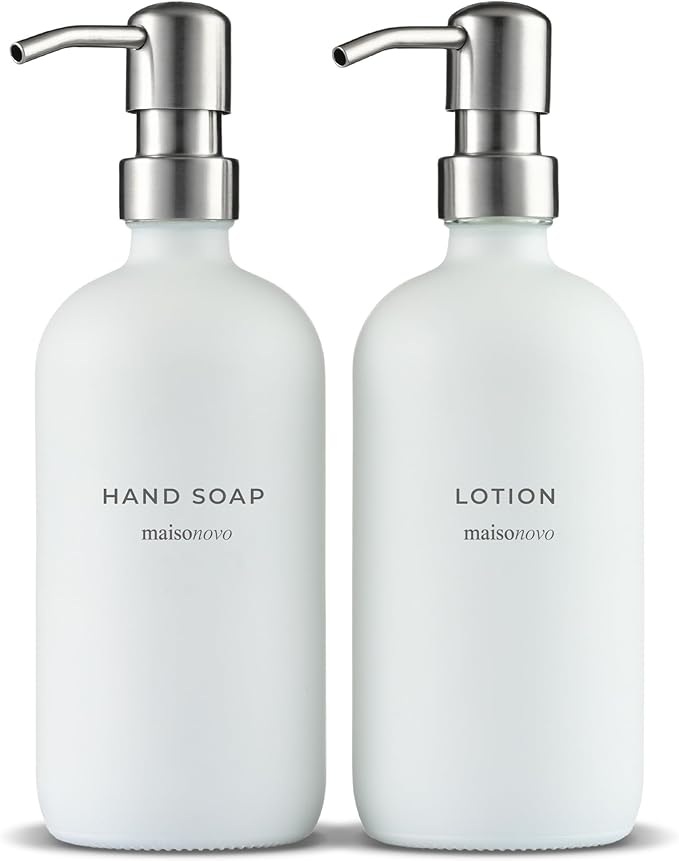 MaisoNovo Soap Dispenser 2-Piece Set | 16.9oz White Bottles with Silver Stainless Steel Pump Core