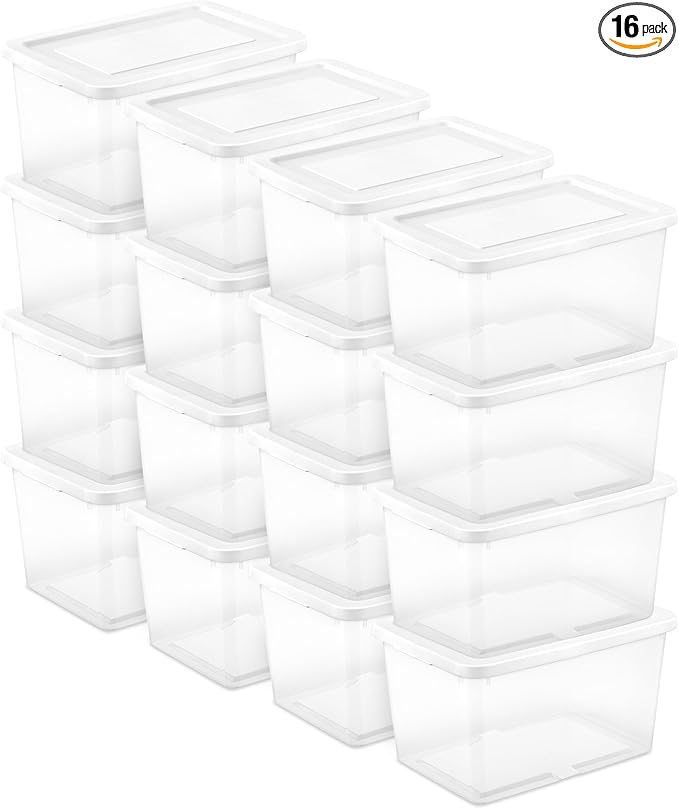 Sterilite 16 Pack Storage Box, 20 Quart Stackable Tote, Clear Plastic Container with Secure Snapping Lids for Home and Office Organization, White