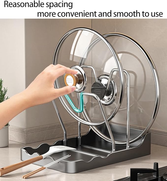 Pot lid Holder And Spoon Rest, 2 Layers Lid And Spoon Rest Pot Lid Organizer With Drip Tray, Multifunctional Utensils Pan Pot Cover Lid Rack Shelf for Pot Lids, Spatulas, Spoons (Black)