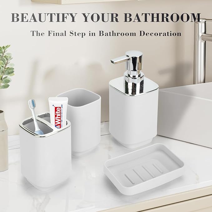 4Pack Bathroom Accessories Set, Bohemian Bathroom Sink Set, Contain Soap Dispenser, Toothbrush Holder, Soap Dish & Mouthwash Cup,Square soap and Toothbrush Holder Set