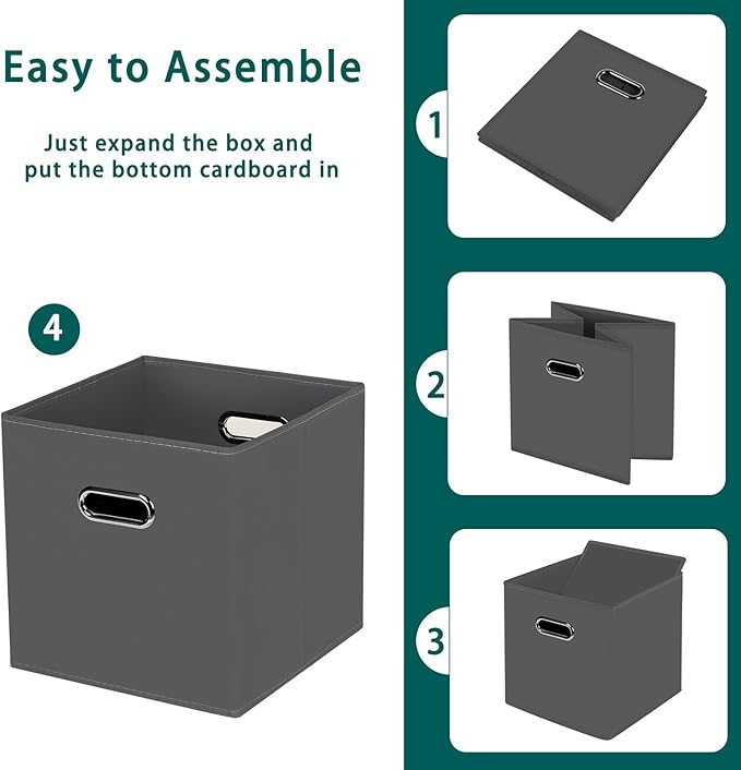 Black Foldable Storage Cubes Bins, Fabric Storage Box Cubes Organizer Baskets with Dual Handles for Home Organizer,Set of 3,(Gray)