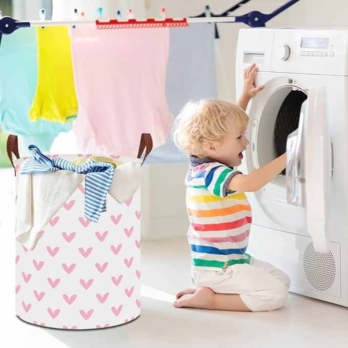 19.7" Pink Cute Heart Laundry Basket,Kids Dirty Clothes Hamper,Waterproof Toys Storage Bin,Room Decor,Gift Baskets,Baby Nursery Hamper(Pink Heart)