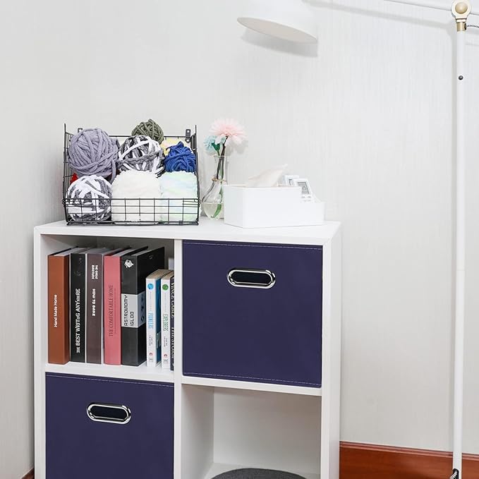 Fabric Cloth Storage Bins,Fabric Cube Bins Organizer with Dual Handles Foldable Cube Storage Baskets for Home Bedroom Storage,Set of 6,(Navy Blue)