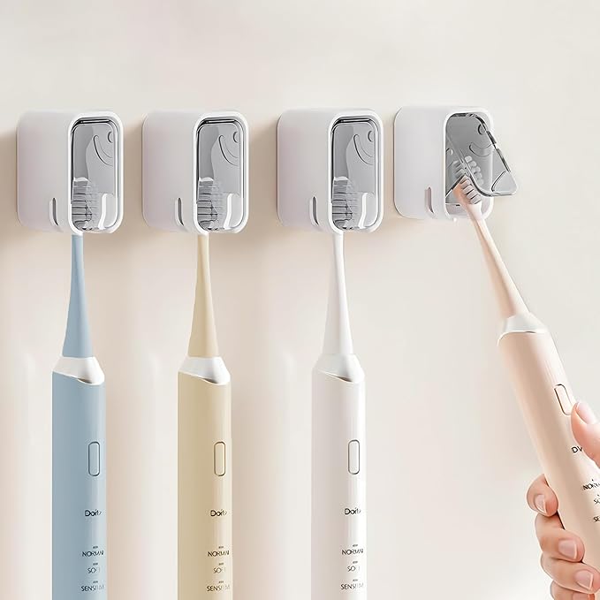 4PCS Dustproof Toothbrush Holders for Bathroom, Wall Mounted Toothbrush Holder with Cover, Toothbrush Travel Container Detachable and Single Toothbrush Dispenser for Bathroom, Family, Travel
