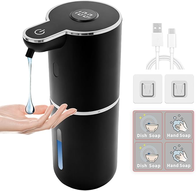 Automatic Soap Dispenser, Touchless Liquid Soap Dispensers, USB Rechargeable, 6-Level Adjustable Volume Control, 12.8oz/380ml, Wall Mount for Kitchen, Bathroom, Free Liquid Dispenser Stickers (Black)