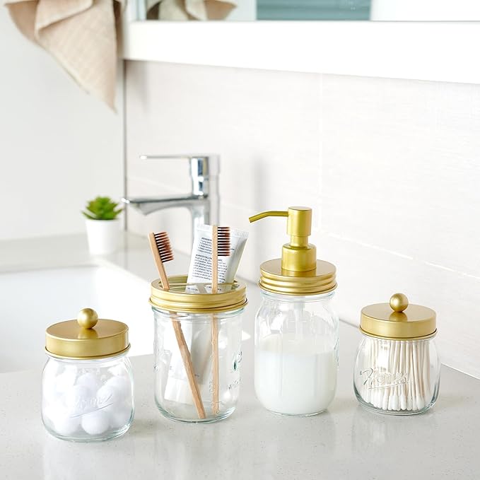 SheeChung Mason Jar Toothbrush Holders, Glass Toothbrush Holders for Bathroom, Bathroom Essentials, Mason Jar Bathroom Accessories Set, Bathroom Countertop Organizer-Gold