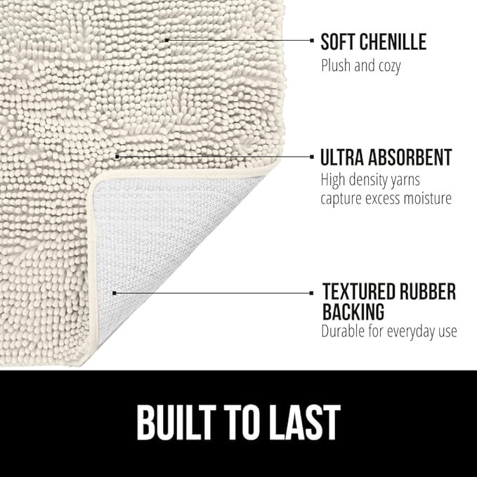 GORILLA GRIP Bath Rug Mat 48x24, Soft Absorbent Chenille, Quick Dry Microfiber Mats, Rubber Backing Washable Shower Floor Rugs, Bathmat Runner, US Designed Bathroom Home Decor Accessories Ivory Cream