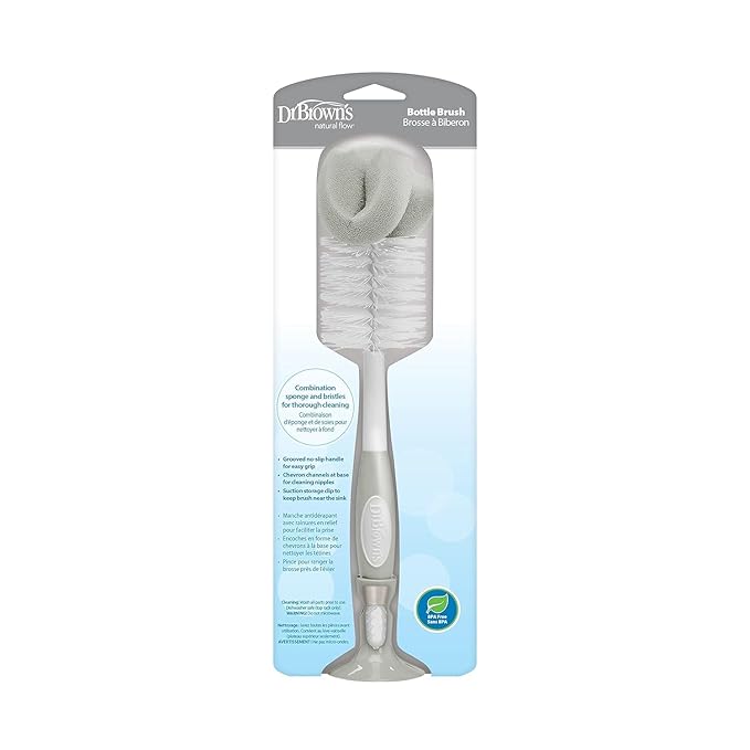 Dr. Brown's Reusable Sponge Baby Bottle Cleaning Brush, Blue and Gray + Deluxe Bottle Brush, BPA-Free, Blue, 3-Pack