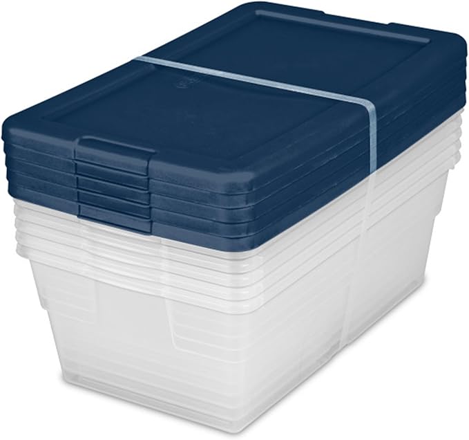 Sterilite Stackable 6 Quart Clear Home Storage Box with Handles and Blue Lid for Efficient, Space Saving Household Storage and Organization (30 Pack)