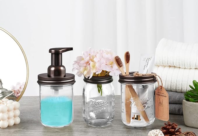 SheeChung Mason Jar Toothbrush Holders, Bathroom Accessories, Bathroom Essentials, Bathroom Organizers and Storage, Bathroom Countertop Organizer, Glass Toothbrush Holders for Bathroom-Bronze