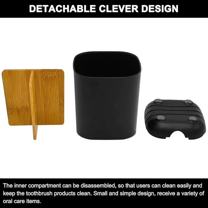 Toothbrush Holder with Bamboo Divider,Detachable for Easy Cleaning Bathroom Countertop Organizer,Plastic 3 Slots Electric Toothbrush and Toothpaste Holders Storage Caddy for Bathroom Vanity,Sink-Black