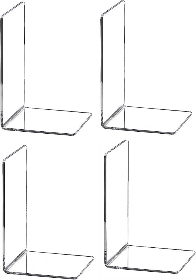 4pcs Clear Book Ends for Heavy Books,Acrylic Book Shelf Organizer for Desk,Plastic Heavy Duty Book Holders Stand and Invisible Bookshelf Dividers Decorative,Suitable for Office Home Weighted Bookends