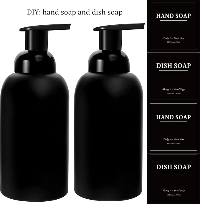 rejomiik 2 Pack Foaming Thick Glass Foam Hand Soap Dispenser for Bathroom or Kitchen Sink, 13 oz Pump Bottles for Hand soap, Body Wash, Matte Black