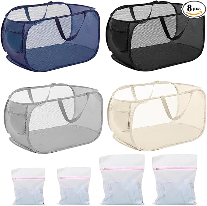 4Pcs Pop Up Laundry Hamper, FHDUSRYO Mesh Foldable Hamper with 4 Wash Bags, Collapsible Laundry Basket with Side Pocket Carry Handles, Portable Dirty Clothes Basket, Mesh Hamper for Dorm Bedroom