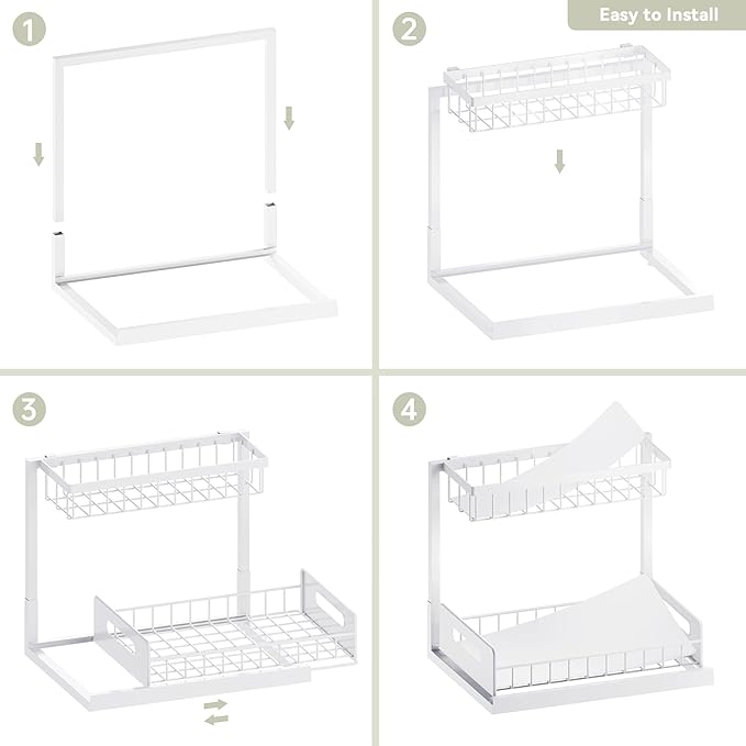 VUSIGN Under Kitchen Sink Organizer 2 Tier, Pull Out Bathroom Sink Organizers and Storage, Cabinet Kitchen Bathroom Storage Organization Shelf, 2 Pack White