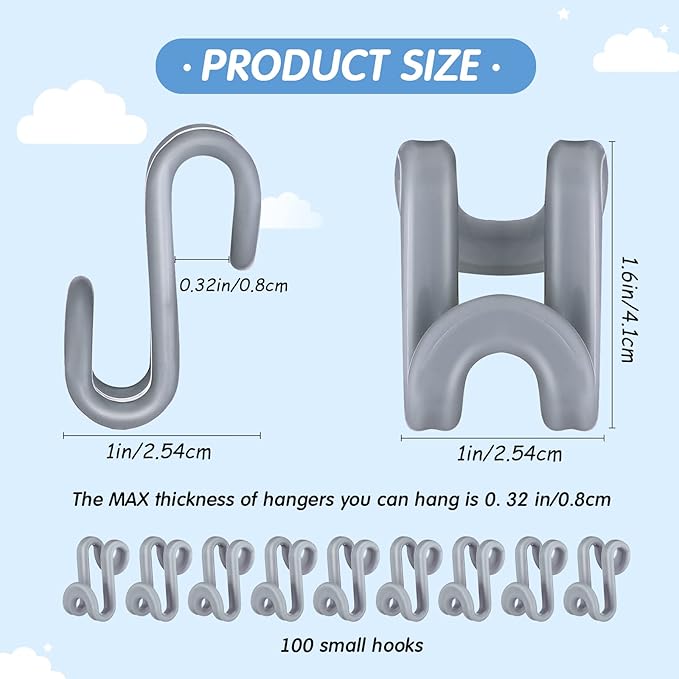 Unittype 100 Pcs Space Saving Hanger Hooks, Clothes Hanger Connector Hooks, Heavy Duty Space Saver Extender Clips for Closet Organizers (Gray)