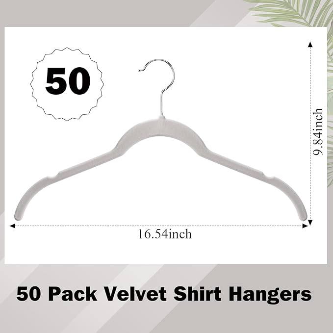 50 Pack Velvet Hangers Non-Slip Shirt Clothes Hangers 360° Swivel Hook Slim Flocked Coat Hanger Heavy Duty Space Saving Felt Hanger for Women Men Pants Jackets Dress (Grey)